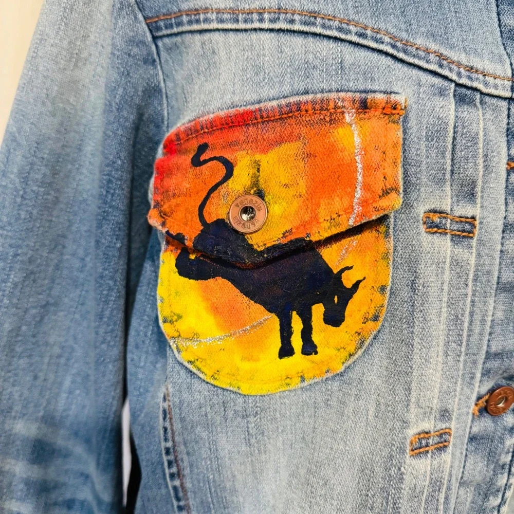 Upcycled Venezia Denim Jacket Hand Painted Taurus‎ Sun Moon Celestial Art 18-20